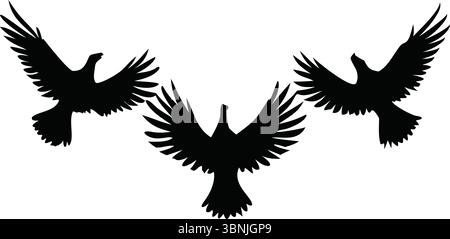 Nine Flying Bird silhouette Vector, Black Flock Clipart, Isolated Animal Nature Wildlife Illustration, Spread Wings, Simple Outline, Group Designs Illustrazione Vettoriale