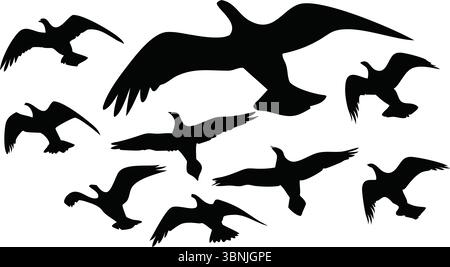 Nine Flying Bird silhouette Vector, Black Flock Clipart, Isolated Animal Nature Wildlife Illustration, Spread Wings, Simple Outline, Group Designs Illustrazione Vettoriale