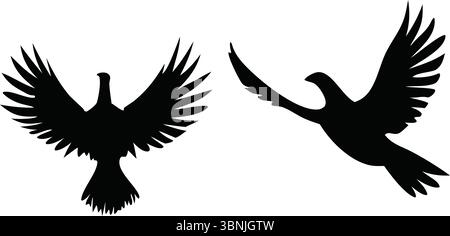 Nine Flying Bird silhouette Vector, Black Flock Clipart, Isolated Animal Nature Wildlife Illustration, Spread Wings, Simple Outline, Group Designs Illustrazione Vettoriale