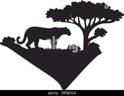 Gatto selvatico e albero silhouette Vector, Black Safari Clipart, animale isolato, paesaggio naturale, scena della giungla, Simple Outline, African Wildlife Designs. Illustrazione Vettoriale