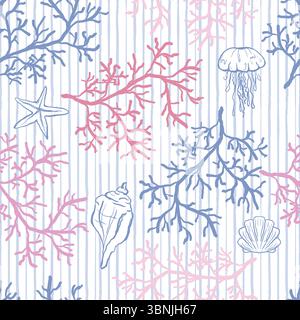 Sfondo in corallo senza cuciture in stile moderno nei colori blu e rosa. Sfondo a strisce di alghe organiche. Design vettoriale per tessuti, carta da imballaggio Illustrazione Vettoriale