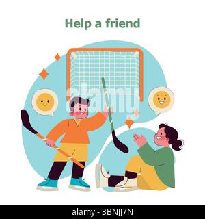 L'attività sportiva in età prescolare incoraggia il lavoro di squadra e l'amicizia. I bambini si impegnano nell'hockey, promuovendo la cooperazione e aiutandosi a vicenda. Momenti di gioco esaltano la gioia e la cameratismo nello sport. Illustrazione vettoriale. Illustrazione Vettoriale