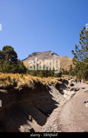 Sentiero panoramico che si snoda attraverso terreni accidentati verso una maestosa vetta di montagna sotto un cielo azzurro. Gli escursionisti si dirigono verso la vetta con questo adv Foto Stock