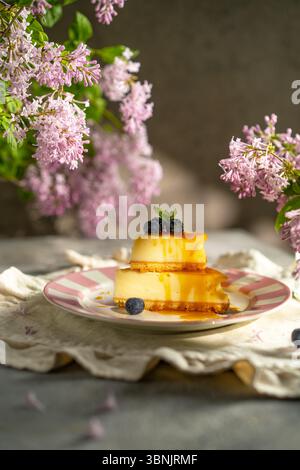 Un'appetitosa cheesecake condita con salsa al caramello dorata, guarnita con mirtilli freschi, e servita su un piatto decorativo, circondato da delic Foto Stock