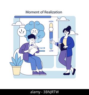 Il benessere digitale e la salute mentale si concentrano sulla comprensione delle emozioni. Illustrando il momento della realizzazione, cattura la lotta e il supporto coinvolti nella gestione delle sfide mentali. Illustrazione vettoriale. Illustrazione Vettoriale