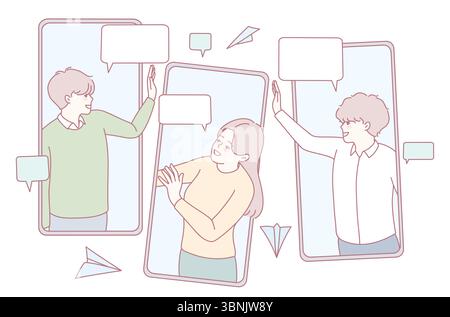 Un'illustrazione di amici che chattano online con smartphone, con vivaci bolle di testo che simboleggiano i loro discorsi Illustrazione Vettoriale