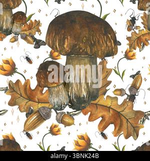 Funghi bianchi, foglie di quercia autunnale e ghiande. Composizione acquerello il motivo senza cuciture è disegnato a mano, isolato su uno sfondo trasparente. Per Foto Stock