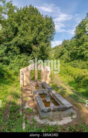 La fontana castagni del XIX secolo, vecchie lavatoi dove le casalinghe lavavano cestini di vestiti, Fauglia, Pisa, Italia Foto Stock