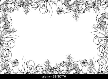 Tappo di latte russula suillus larch bolete scivolosi funghi jack, lumaca su berretto. Cornice bordo disegnata a mano con inchiostro vettoriale. Pianta di Horsetail sulla corteccia con muschio Illustrazione Vettoriale