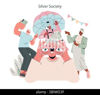 Concetto Silver Society. Gli adulti più anziani apprezzano i diversi hobby, la tecnologia, l'avventura all'aria aperta e la comunità. Le persone mature attive si impegnano con viaggi, connessioni sociali ed esplorazioni. Illustrazione vettoriale. Illustrazione Vettoriale
