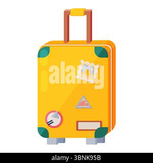 Questa vivace illustrazione vettoriale presenta una valigia da viaggio gialla brillante con una maniglia estesa e piccoli adesivi da viaggio. Il rendering del progetto viene eseguito in Illustrazione Vettoriale