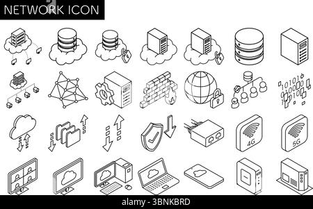 Set di 28 icone isometriche relative alla rete, tra cui cloud computing, server dati, router, riunione remota, sicurezza, e internet c Illustrazione Vettoriale