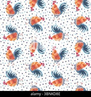 Motivi folcloristici scandinavi senza cuciture con galli acquerelli e polka blu-gialli isolati. Stile country con uccelli e puntini per un rustico moderno Foto Stock