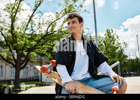 Un giovane uomo si prende un momento per rilassarsi nel parco, seduto con il suo skateboard in una splendida cornice. Foto Stock