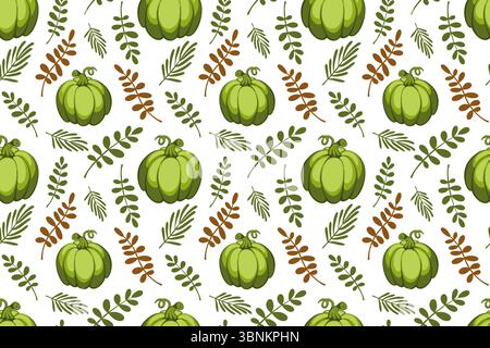 Motivo senza cuciture con foglie autunnali colorate, zucche di colore arancione e giallo. Atmosfera autunnale. Illustrazione vettoriale disegnata a mano su sfondo bianco Illustrazione Vettoriale