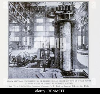 ROTOLI VERTICALI PESANTI PER RADDRIZZATURA E PIEGATURA AZIONATI DA DUE MOTORI WESTINGHOUSE A CORRENTE ALTERNATA DA 50 CAVALLI. New York Ship-Building Company, Camden, N. J. Tool di Bement, Niles & Co., Phila. DALL'ARTICOLO THT SVILUPPO E USO DEL PICCOLO MOTORE ELETTRICO. PARTE IV. APPLICAZIONI PER SCOPI DI PRODUZIONE GENERICI. Di Fred M. Kimball. Dalla rivista Engineering dedicata al progresso industriale volume XXV aprile - settembre 1903 The Engineering Magazine Co Foto Stock