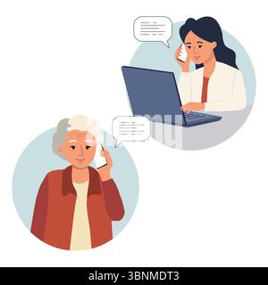 Illustrazione di una videochiamata con un uomo anziano e una giovane donna, concentrandosi sulla comunicazione e sul vettore di connessione Illustrazione Vettoriale