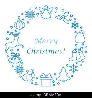 Design della corona di Natale con icone natalizie e buon Natale! testo in blu come vettore di sfondo Illustrazione Vettoriale