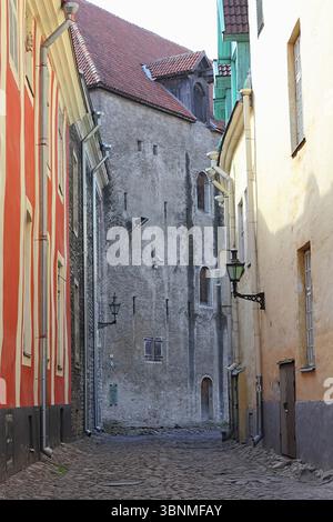 Vecchia strada nella capitale estone Tallinn. Aida è una strada stretta e pittoresca nella città vecchia. Foto Stock