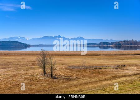 Germania, Baviera, Chiemgau, Eichen am Simssee, Vista dalla torre di osservazione su Simssee verso il massiccio di Wendelstein Foto Stock