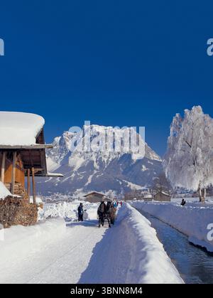 Bacino dell'Ehrwald, slitta trainata da cavalli con Zugspitze, Tirolo Foto Stock