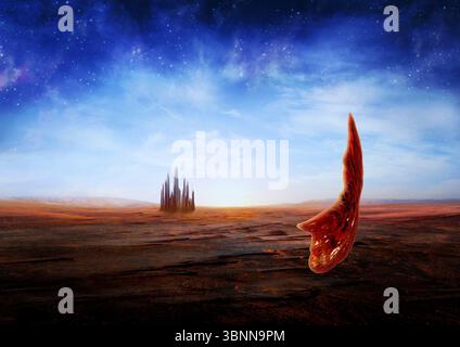 Un essere amorfo galleggia sopra un paesaggio alieno su un altro pianeta, città, cielo nuvoloso, stelle Foto Stock