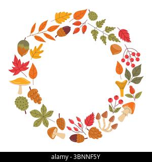 Graziosa cornice rotonda autunnale o corona con foglie, berri, noci e funghi in stile cartoni animati piatto. Accogliente design stagionale, perfetto per biglietti d'auguri, inviti, Illustrazione Vettoriale