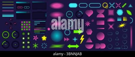 Set di elementi dell'interfaccia utente luminosi al neon con pulsanti barre di avanzamento forme e componenti dell'interfaccia Illustrazione Vettoriale