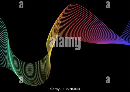 Le strisce a turbolenza astratte sono colorate su sfondo nero. Lussuoso, luminoso e moderno, con spazio per copie. Illustrazione Vettoriale