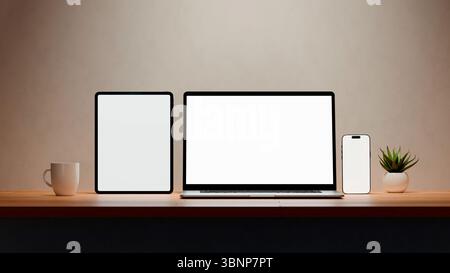 Laptop, telefono cellulare e tablet con schermo vuoto per Web Design reattivo e Web Mockup. Dispositivi digitali su una scrivania in legno per ufficio. Foto Stock