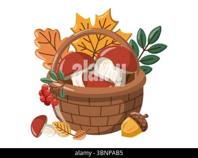 Illustrazione autunnale con cesto di funghi, foglie autunnali colorate e frutti di bosco. Illustrazione vettoriale cartoni animati su sfondo bianco Illustrazione Vettoriale