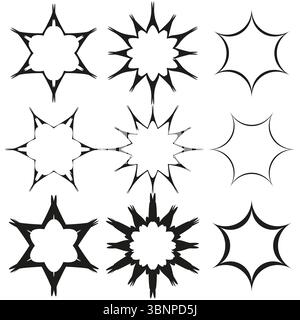Forme astratte delle stelle. Contorni burst frastagliati. Sfondo bianco. Illustrazione vettoriale. Illustrazione Vettoriale