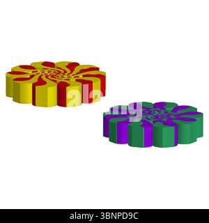 Chip policromatico per il gioco d'azzardo. Simbolo isometrico del gioco d'azzardo. Vettoriale impilato in modo vibrante. Illustrazione minimalista del piano portapaziente. Illustrazione Vettoriale