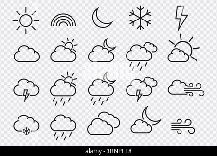 Icone del tempo impostate: Sole, nuvola, pioggia, fulmine, neve, vento Illustrazione Vettoriale