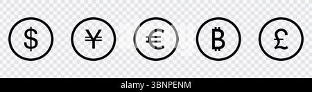 Set icone valuta: Dollaro, Yen, Euro, Bitcoin, Sterlina Illustrazione Vettoriale