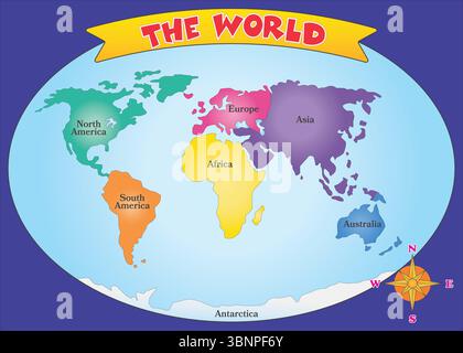 Mappa del mondo colorata con continenti per bambini Illustrazione Vettoriale