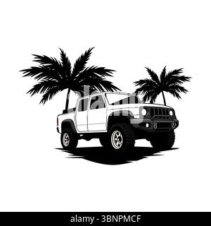 Veicolo fuoristrada 4x4 bianco e nero con palme su sfondo bianco Illustrazione Vettoriale
