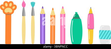 set di forniture scolastiche, pennello, segnalibri, matite, pennarelli, e una gomma, perfetta per progetti creativi o per il ritorno a scuola. Illustrazione Vettoriale