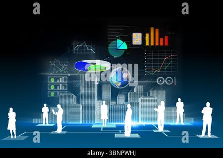 Le silhouette del team stanno analizzando il modello olografico fluttuante della città con grafici in rendering 3D e spazio di copia Foto Stock