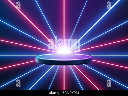 il podio nero futuristico con un bordo viola brillante si erge al centro mentre i raggi di luce al neon di rosa e blu si irradiano da dietro, ideale per i mockup tecnologici Illustrazione Vettoriale
