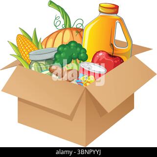Illustrazione vettoriale di una scatola di cartone piena di generi alimentari assortiti, tra cui verdura, frutta e prodotti confezionati in colori vivaci Illustrazione Vettoriale