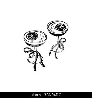 Illustrazione disegnata a mano di due bicchieri da cocktail con archi. Brindisi. Graziosa illustrazione vettoriale femminile in stile coquette. Natale, Capodanno, noi Illustrazione Vettoriale