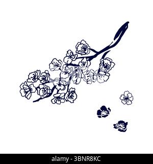 Filiale di Sakura. Illustrazione vettoriale disegnata a mano di ciliegio giapponese in stile grafico bianco e nero, calligrafia. Per cartoline turistiche, invito Illustrazione Vettoriale