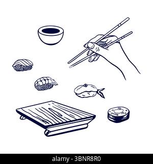 Set di sushi. Mani che tengono le bacchette, il piatto da portata, la salsa. Illustrazione vettoriale disegnata a mano della cucina giapponese in stile grafico bianco e nero. Per des Illustrazione Vettoriale