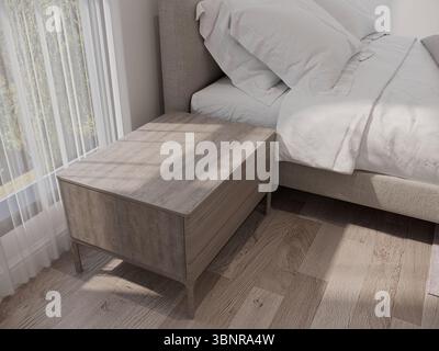 Rendering 3D primo piano spazio vuoto del comodino o del comodino con letto moderno, vista dall'alto Foto Stock