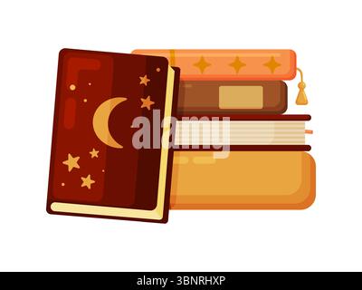 Immagine vettoriale piatta di una pila di vecchi libri con un libro rosso scuro con simboli di luna e stella. Ideale per l'istruzione, la lettura, la fantasia, la magia, l Illustrazione Vettoriale