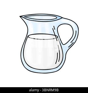 Immagine pulita e minimale di una caraffa di vetro riempita con latte bianco fresco. Disegnato con un contorno chiaro che mette in risalto la forma elegante e la c Illustrazione Vettoriale