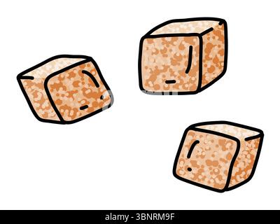 Illustrazione di tre cubetti di zucchero di canna con superfici ruvide visibili, disposte a diverse angolazioni per un aspetto dinamico. Stile del contorno pulito su un bianco Illustrazione Vettoriale