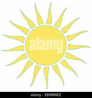 Sole giallo brillante con raggi ondulati su sfondo bianco Illustrazione Vettoriale