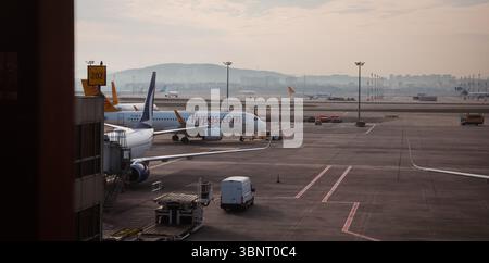 I viaggiatori attendono all'aeroporto di Istanbul mentre vari aeroplani sono parcheggiati sull'asfalto alla luce del mattino presto. Foto Stock